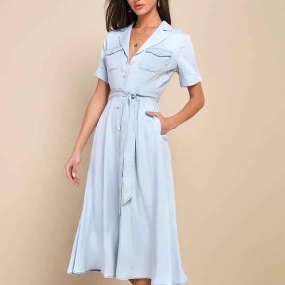 Lulus Pleasant Cutie Blue Chambray Collared Midi Dress With Pockets - Size M - Picture 4 of 5